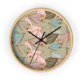 Wood wall clock with pastel leaf dial and black hour and minute hands