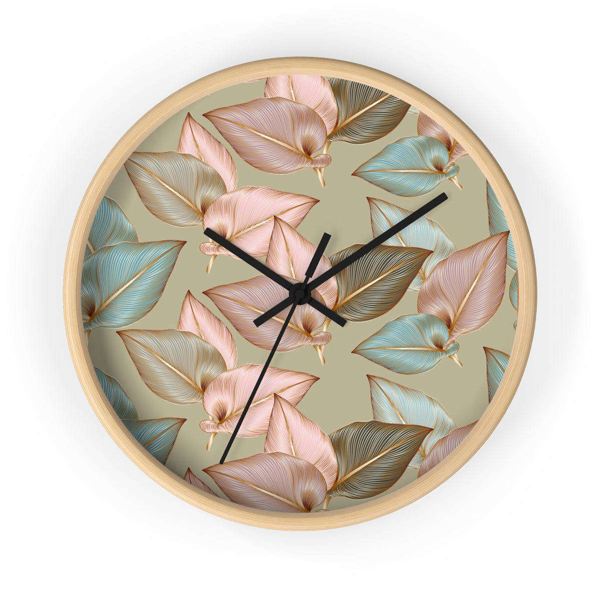 Wood wall clock with pastel leaf dial and black hour and minute hands