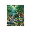 Crushed velvet blanket with tiger-and-jungle print in green, brown, and gold
