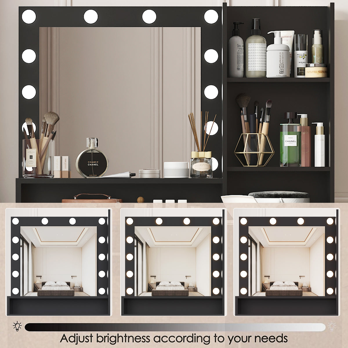 Black lighted vanity mirror and desk with multiple views of inner shelves and compartments