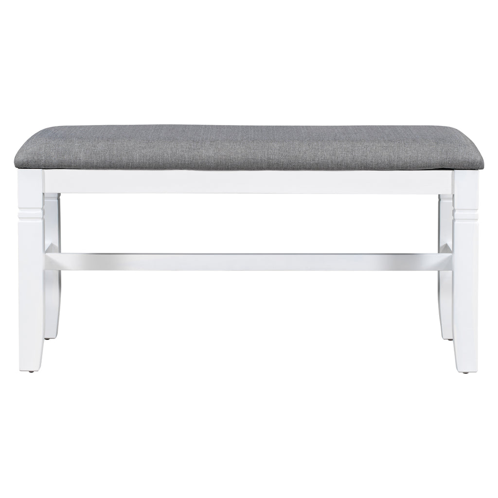 Upholstered dining bench with gray fabric top and white side frame