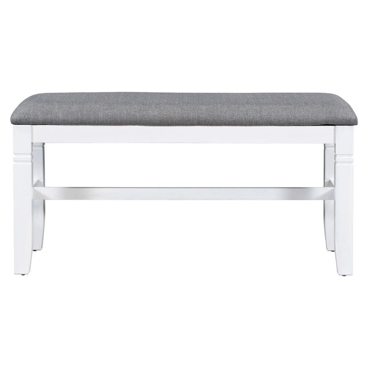 Upholstered dining bench with gray fabric top and white side frame