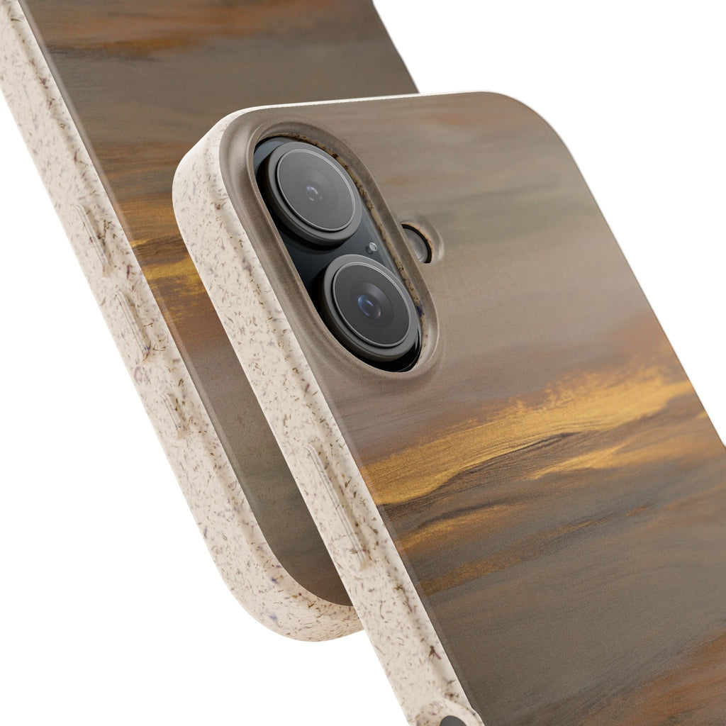 Biodegradable phone case close-up with dual camera cutouts and brown landscape art