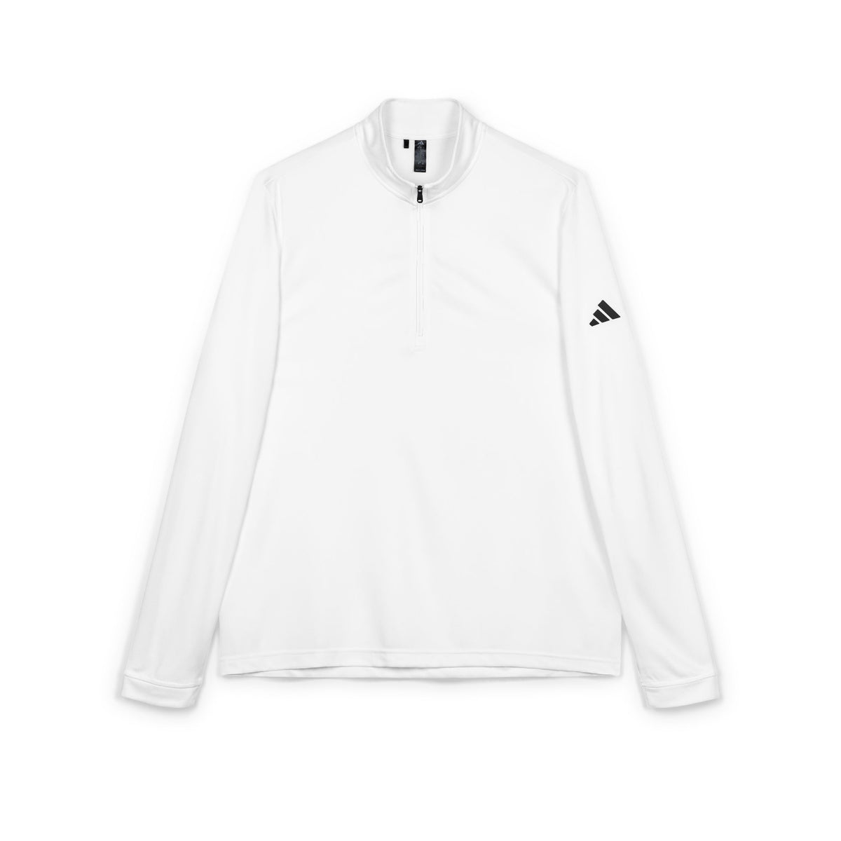 White quarter-zip pullover with stand collar, zip placket, adidas logo on sleeve