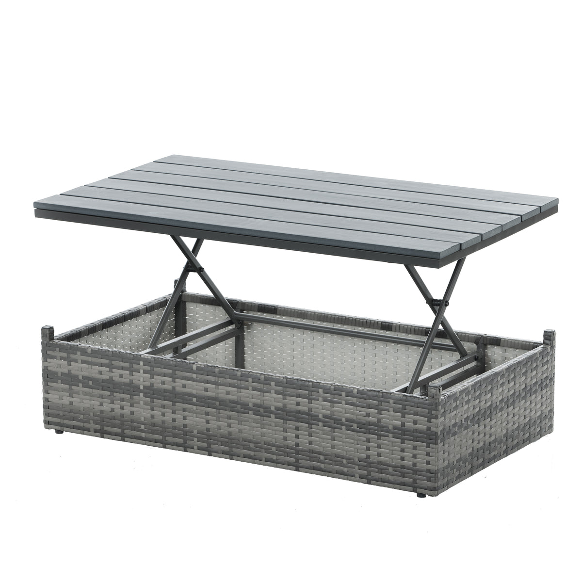 Dark gray PE wicker outdoor storage coffee table with lift-top slatted tabletop