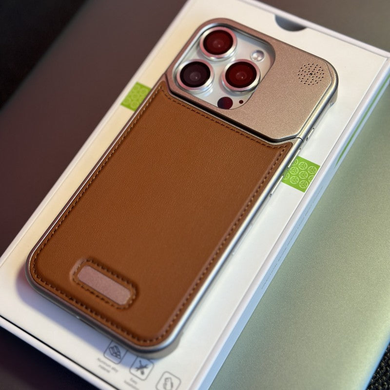 Magnetic aromatherapy phone case, brown leather-style back with camera cutouts