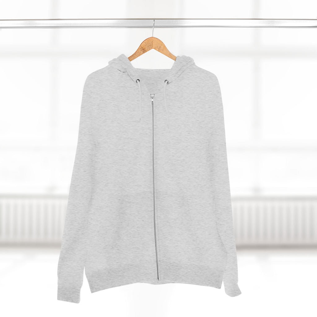 Heather grey zip hoodie hanging on wooden hanger, with hood and front zipper