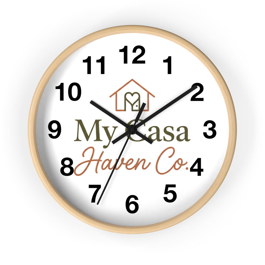 Wood wall clock with light wood frame, black hands, bold black numerals on white face