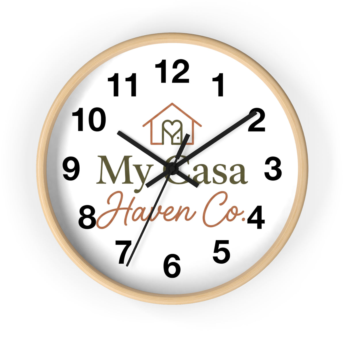 Wood wall clock with light wood frame, black hands, bold black numerals on white face