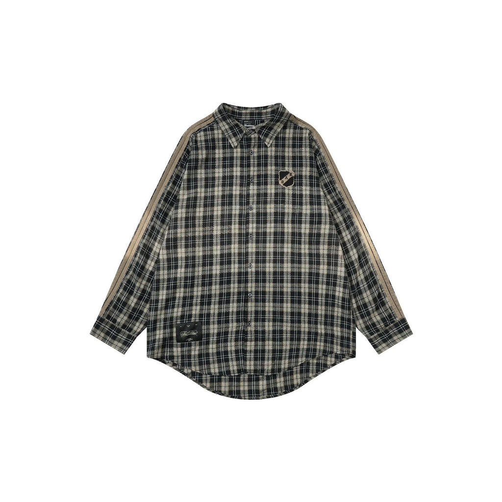 Beige and dark plaid oversized shirt jacket, button front, chest pocket, long sleeves