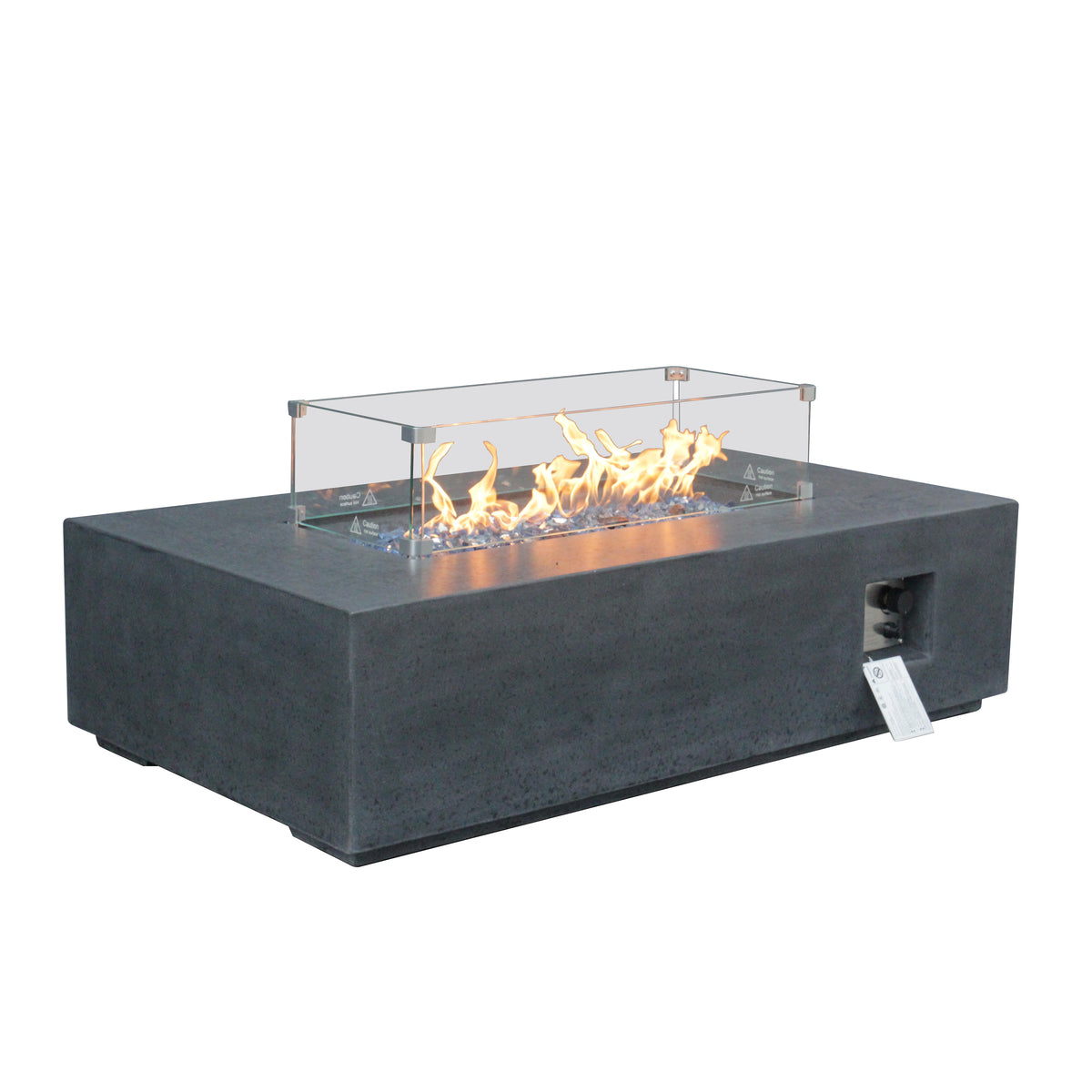 Dark gray propane fire pit table with glass wind guard and centered flames, front 3/4 view