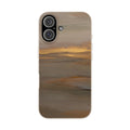 Biodegradable phone case with brown landscape art and dual camera cutouts