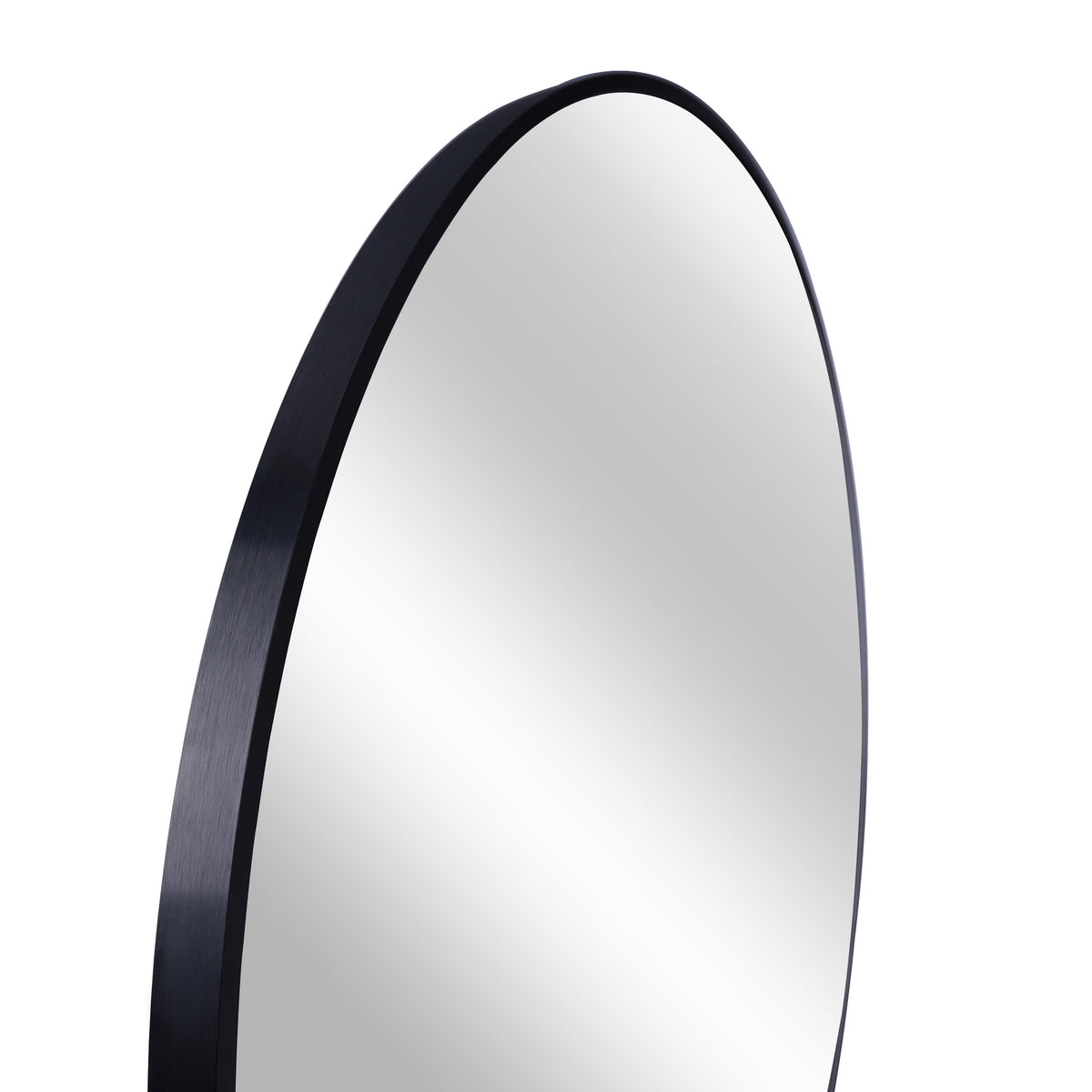 Rounded black mirror frame with thick edge, reflective glass panel shown in close-up