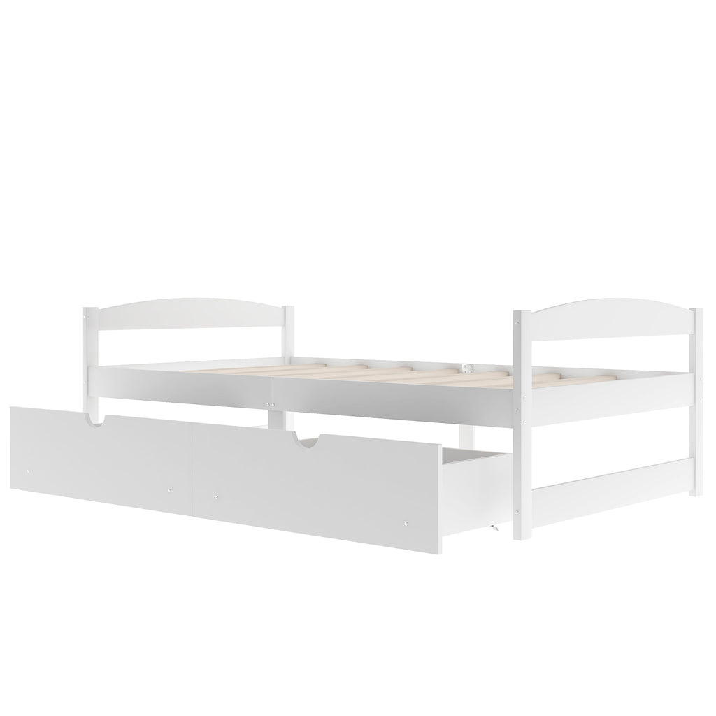 White twin platform bed with two under-drawers and slat support, side profile