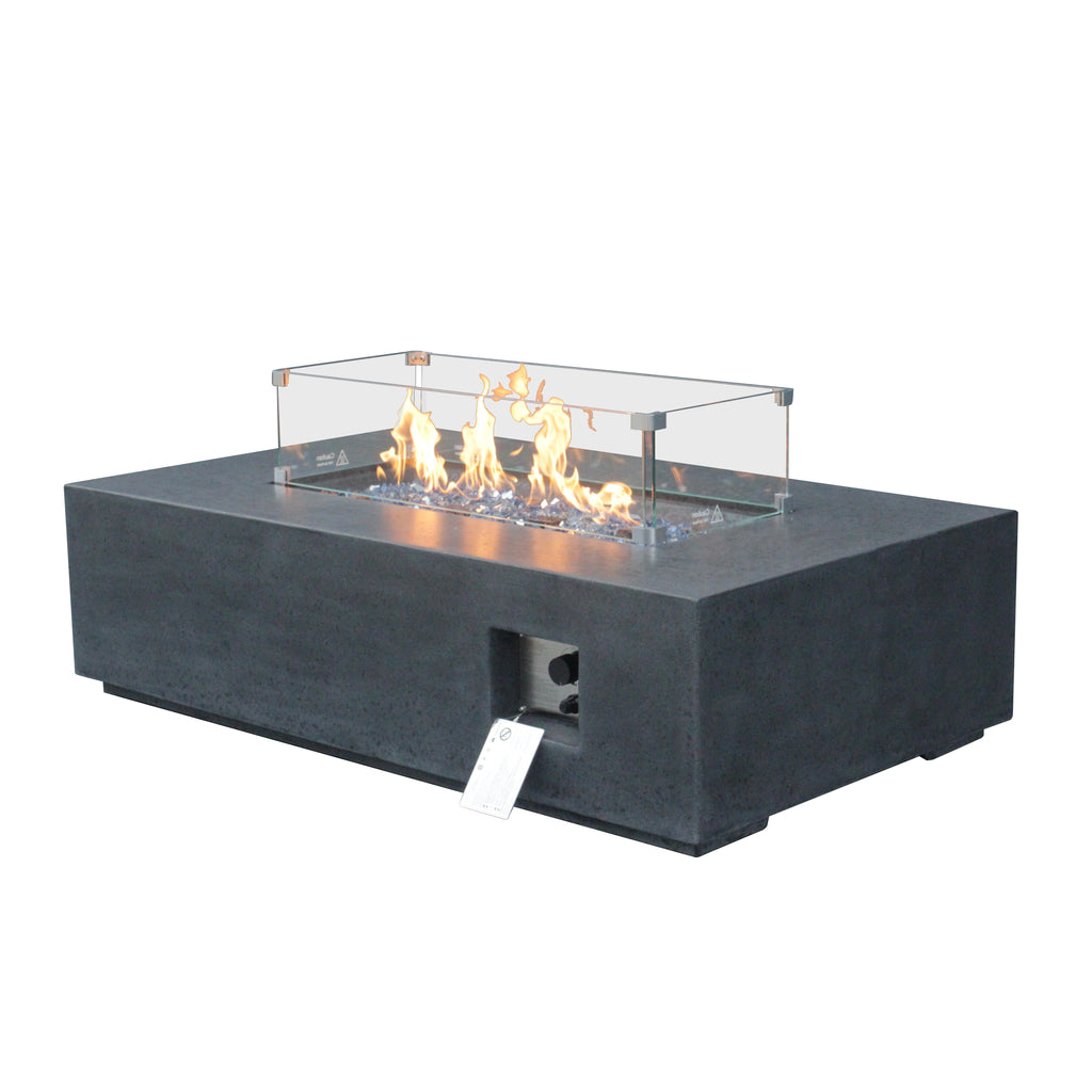 Dark gray rectangular propane fire pit table with glass wind guard and open-side control