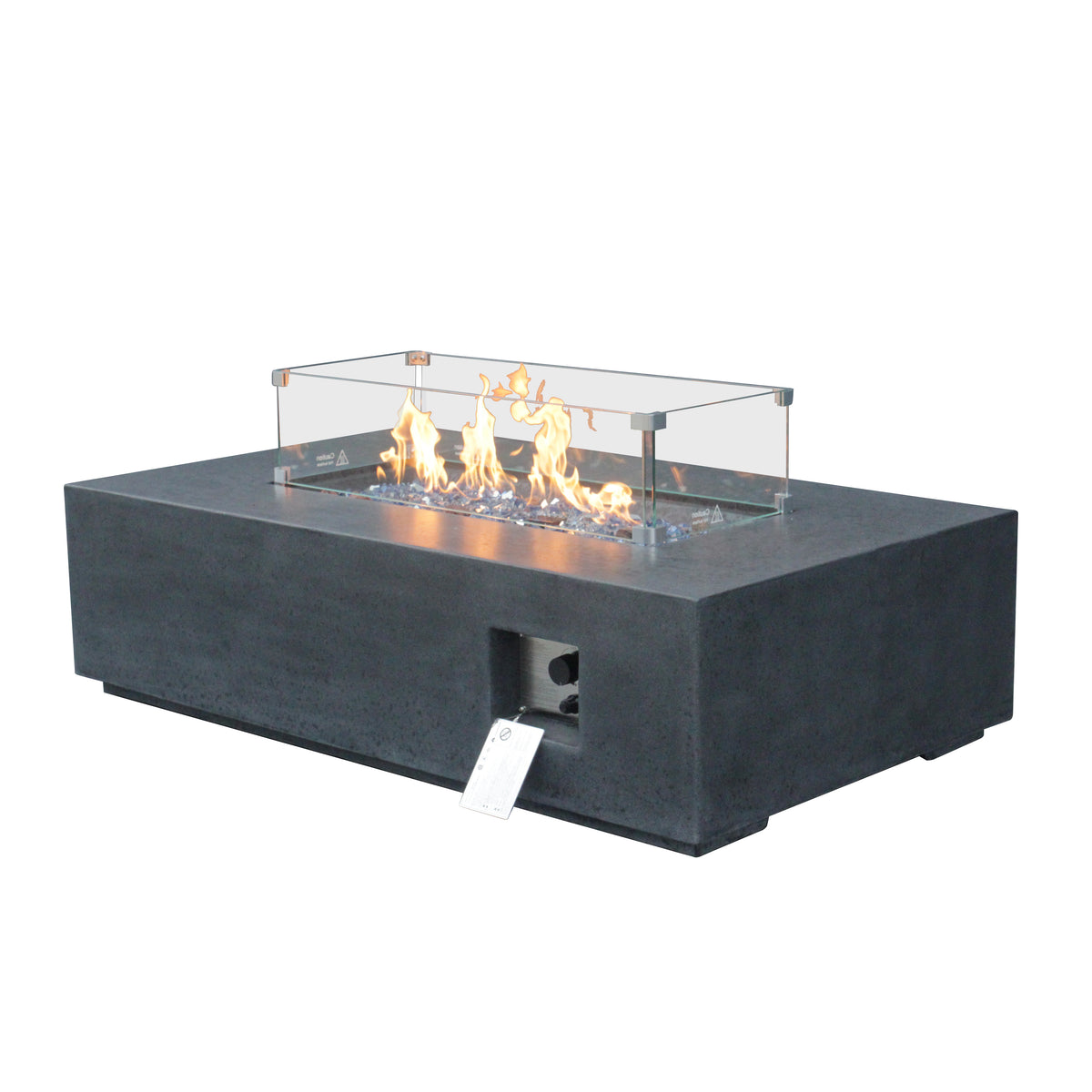 Dark gray rectangular propane fire pit table with glass wind guard and open-side control