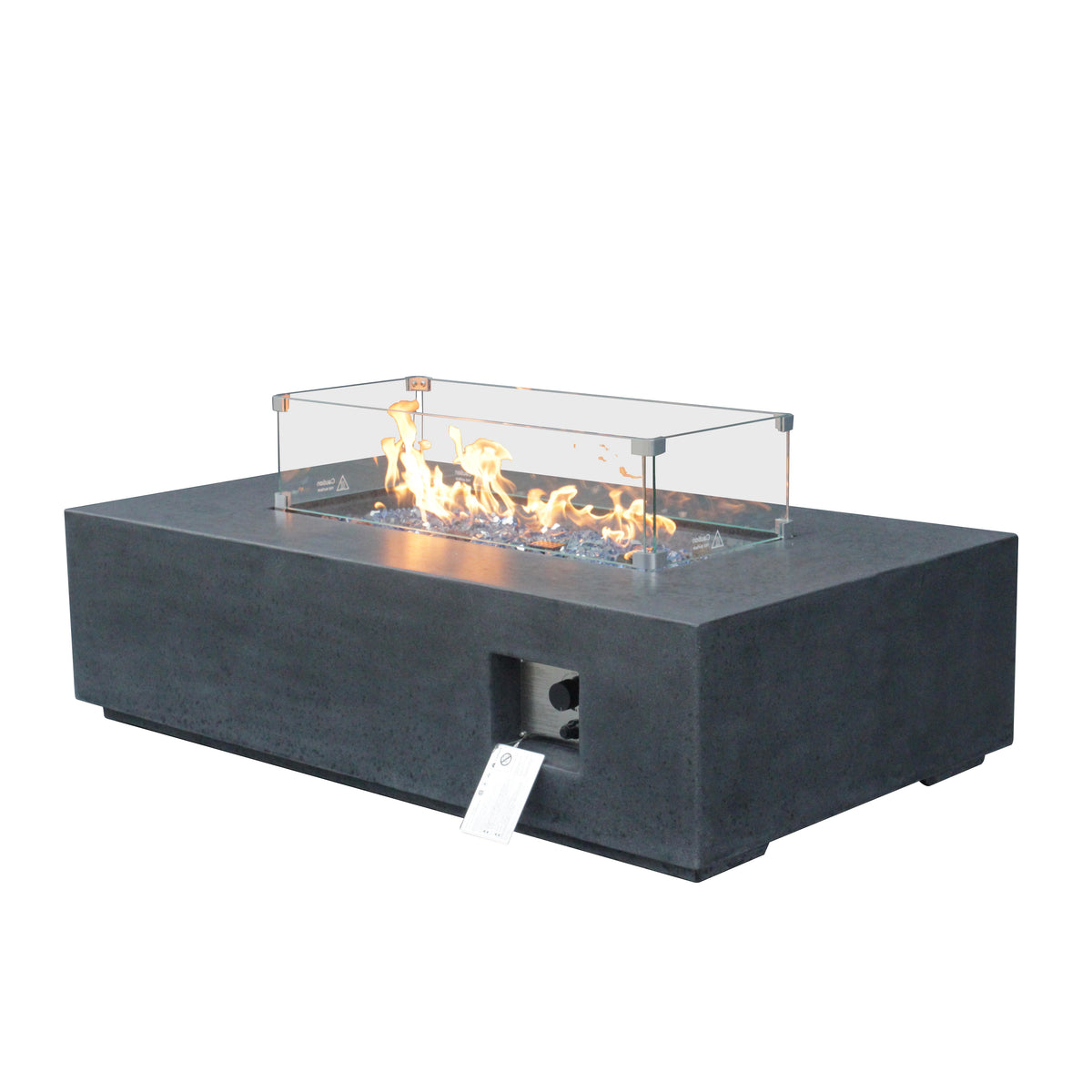Rectangular dark gray propane fire pit table with glass wind guard and side control opening