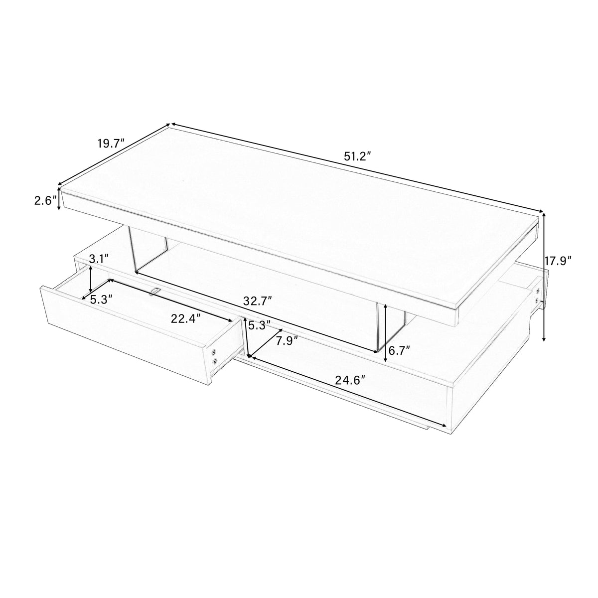 Black coffee table dimensions diagram showing two drawers and storage space layout.