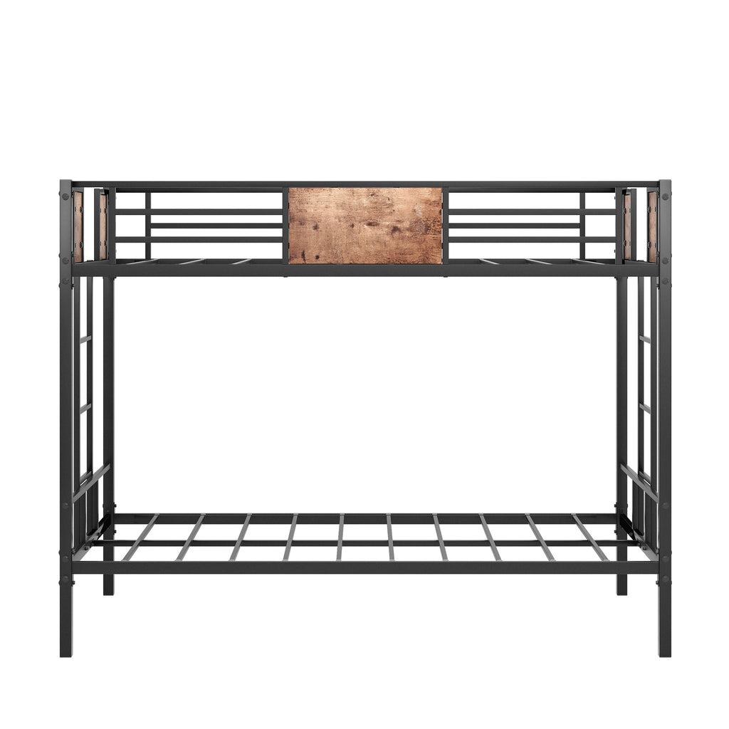 Black metal bunk bed frame with slatted mattress support and side rails