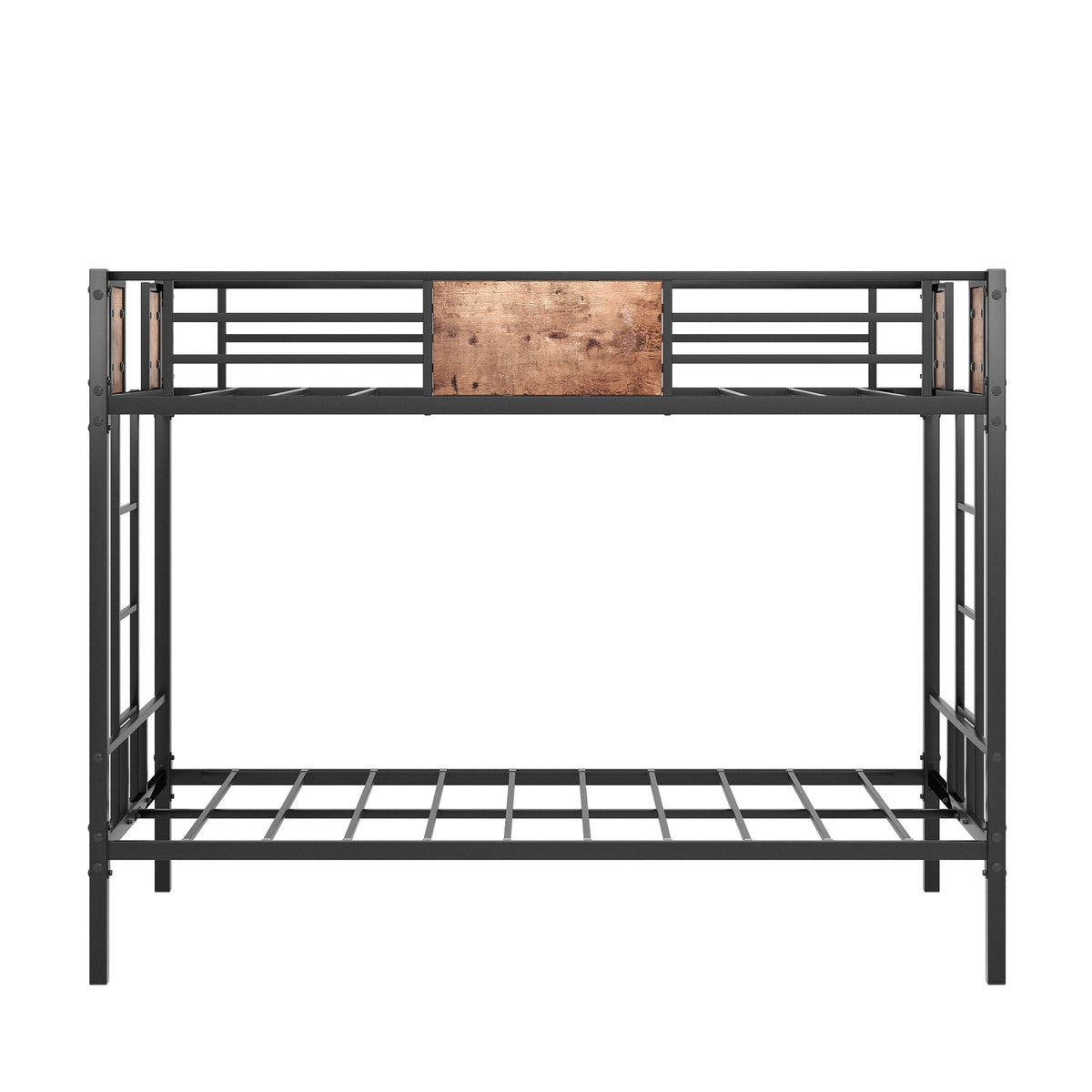 Black metal bunk bed frame with slatted mattress support and side rails