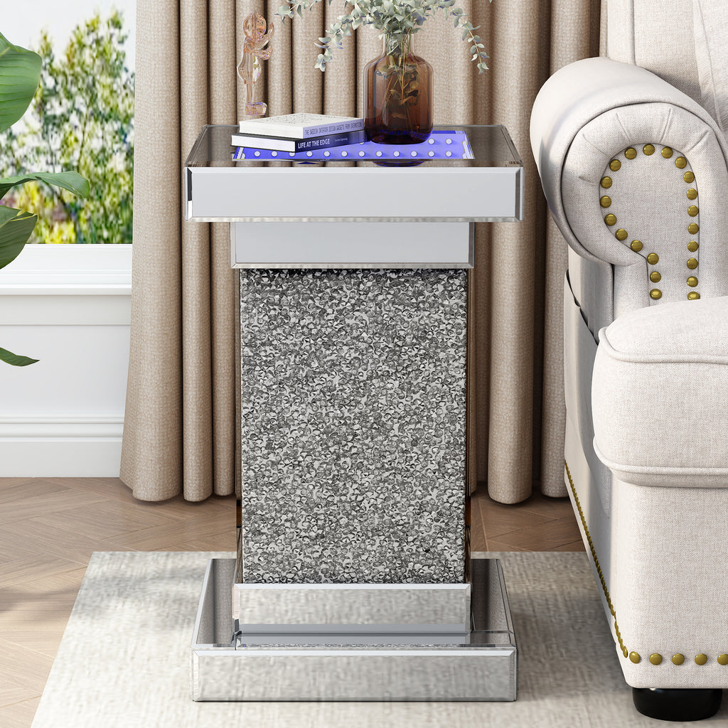 Silver square mirror coffee table with LED-lit top and glossy glass panels