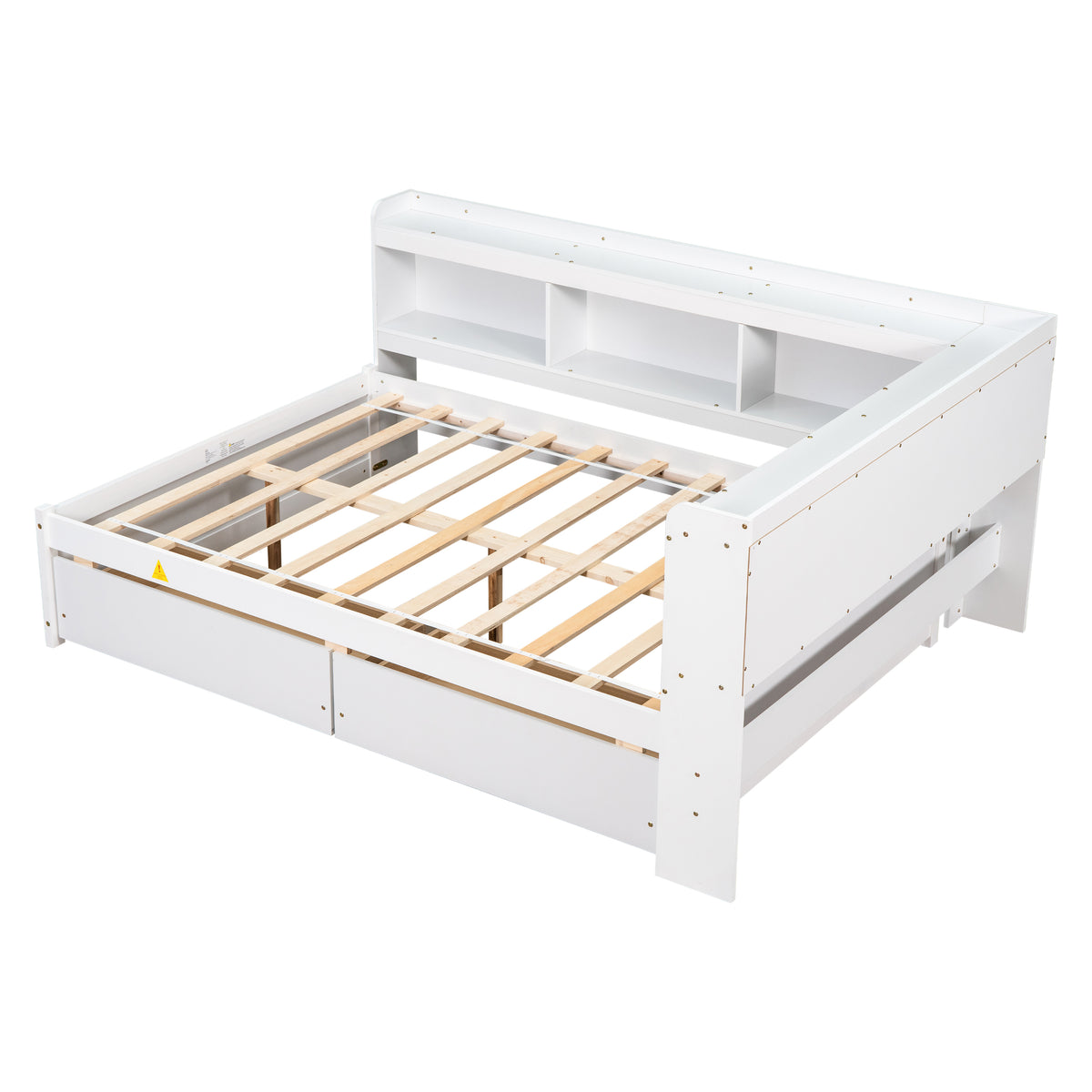 White full bed frame with headboard shelving and open drawer/storage panels