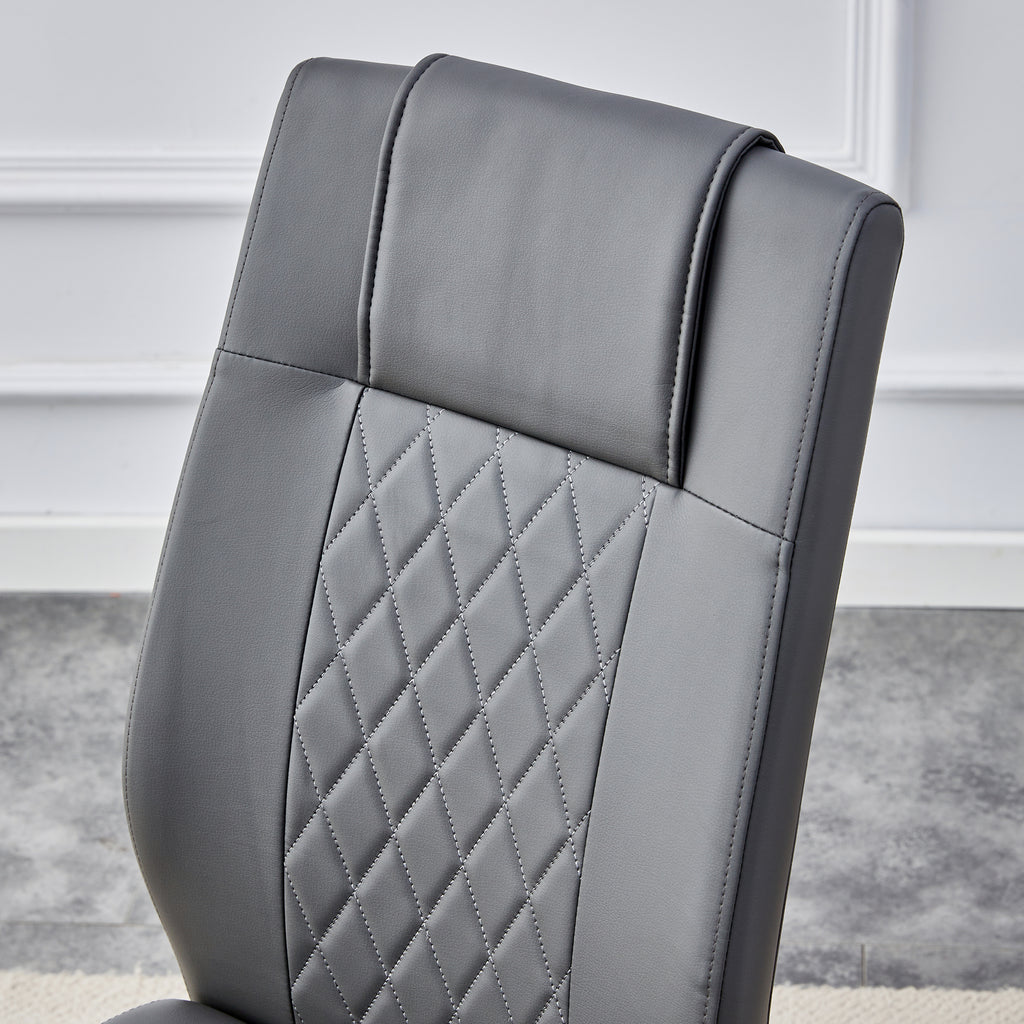 Gray faux leather chair back with quilted diamond pattern and cushioned headrest