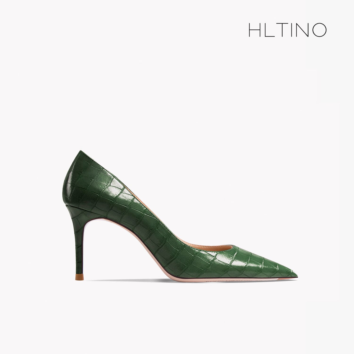 Women's pointed-toe stiletto heel pump, dark green textured patent leather with thin heel