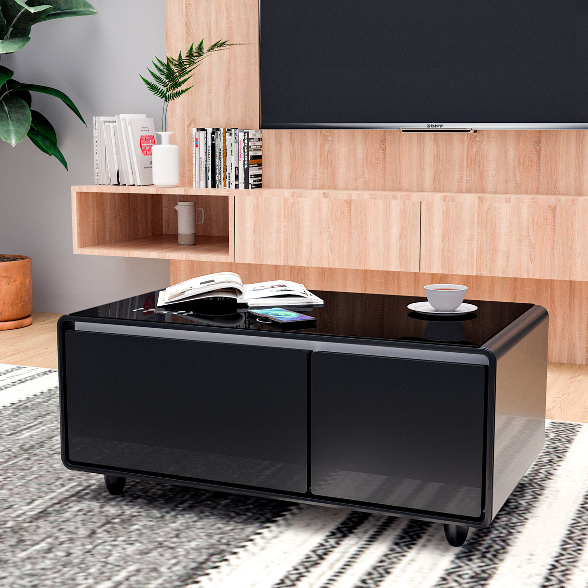 Black smart coffee table with two-door storage and flat top control panel