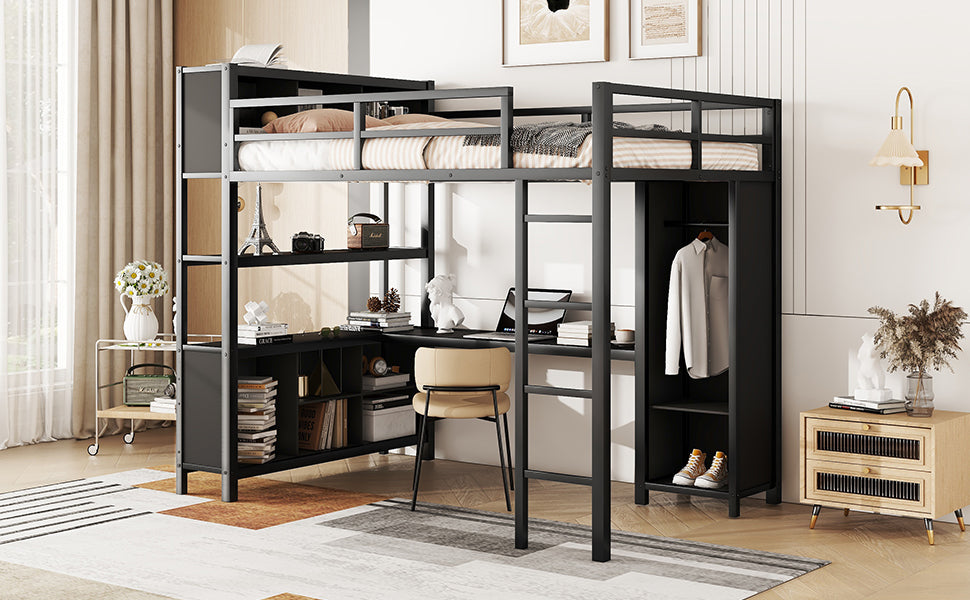 Black metal full-size loft bed with built-in desk, drawers, wardrobe, and open shelves
