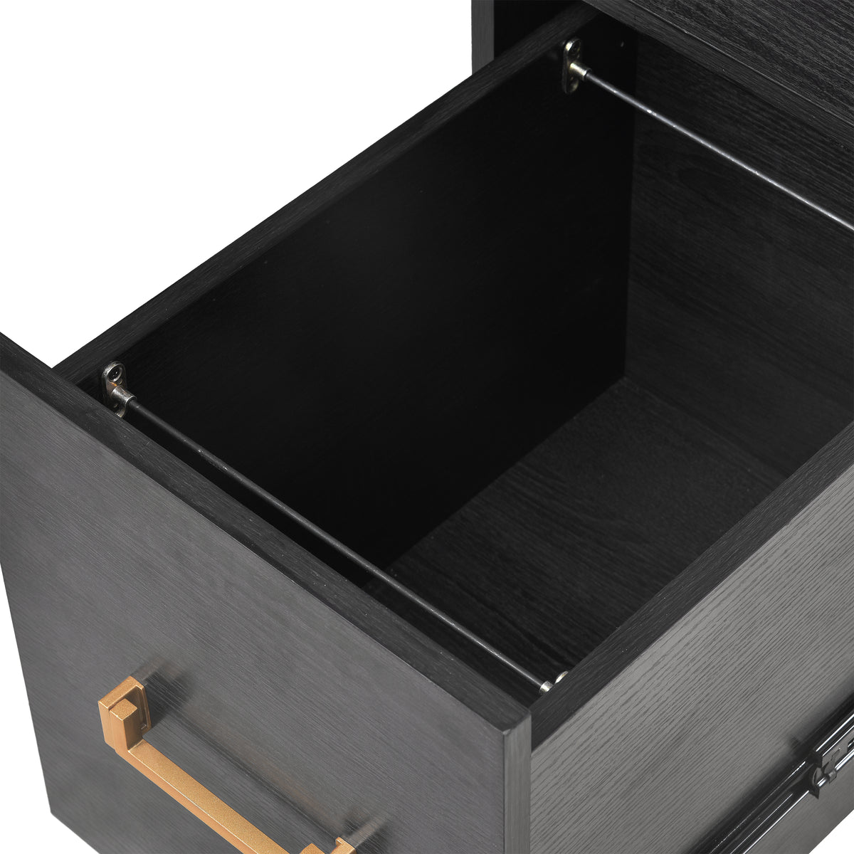 Inside black file drawer with metal glide hardware and dark interior