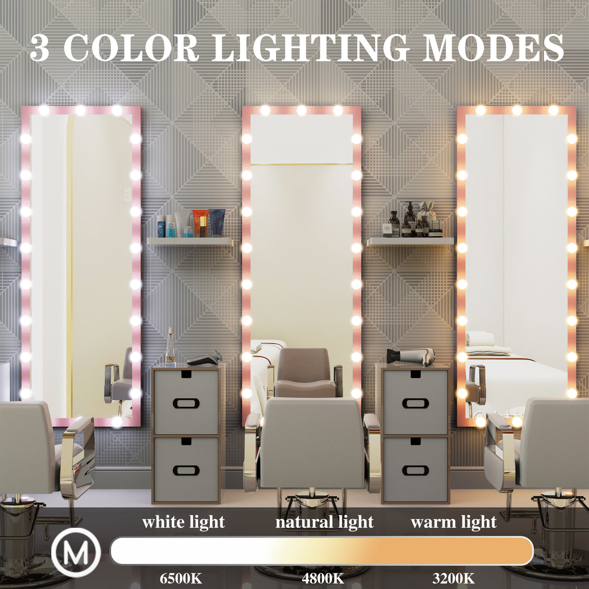 Three pink Hollywood mirrors with illuminated bulb frames and bedside furniture
