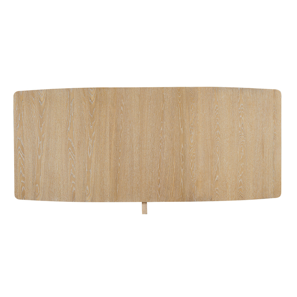 Dining table oval-shaped top with natural wood grain and visible seam details