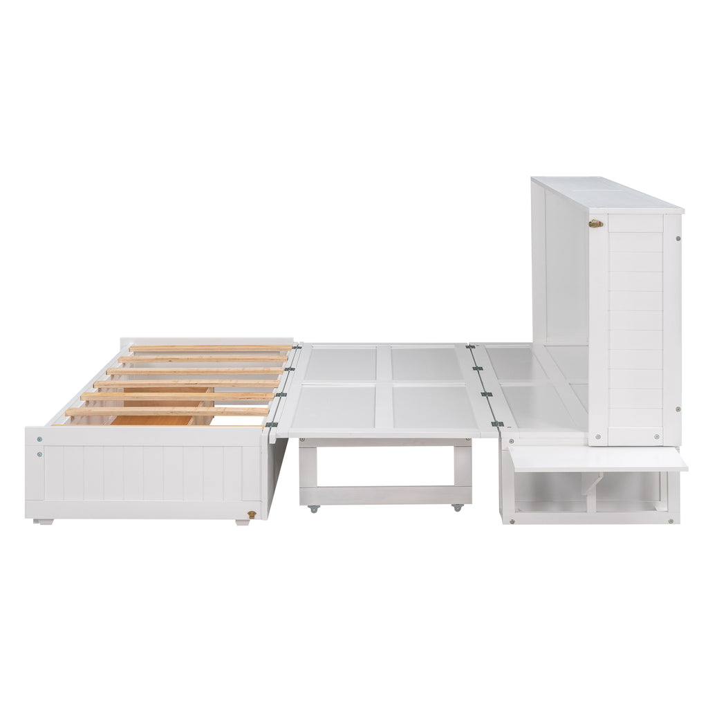 White queen-size mobile Murphy bed with open frame, side shelves, and drawers
