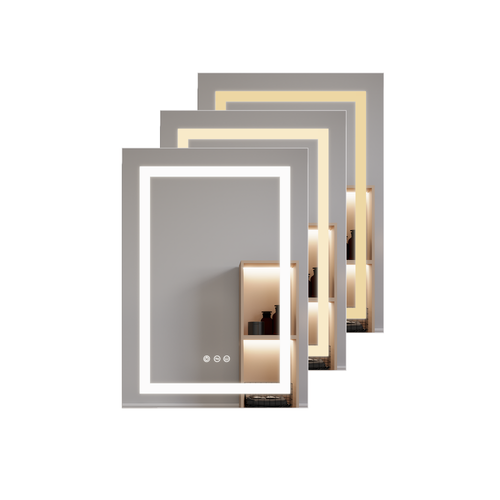 LED bathroom medicine cabinet with anti-fog mirror and touch controls, single door view