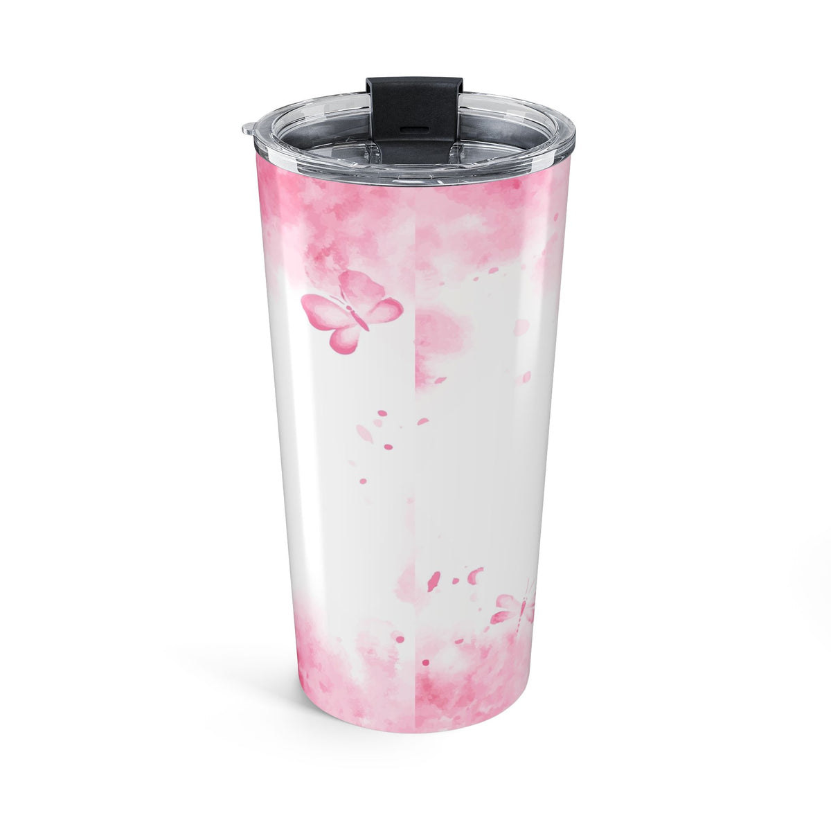 20oz white tumbler with pink floral splatter, clear lid and black flip cover
