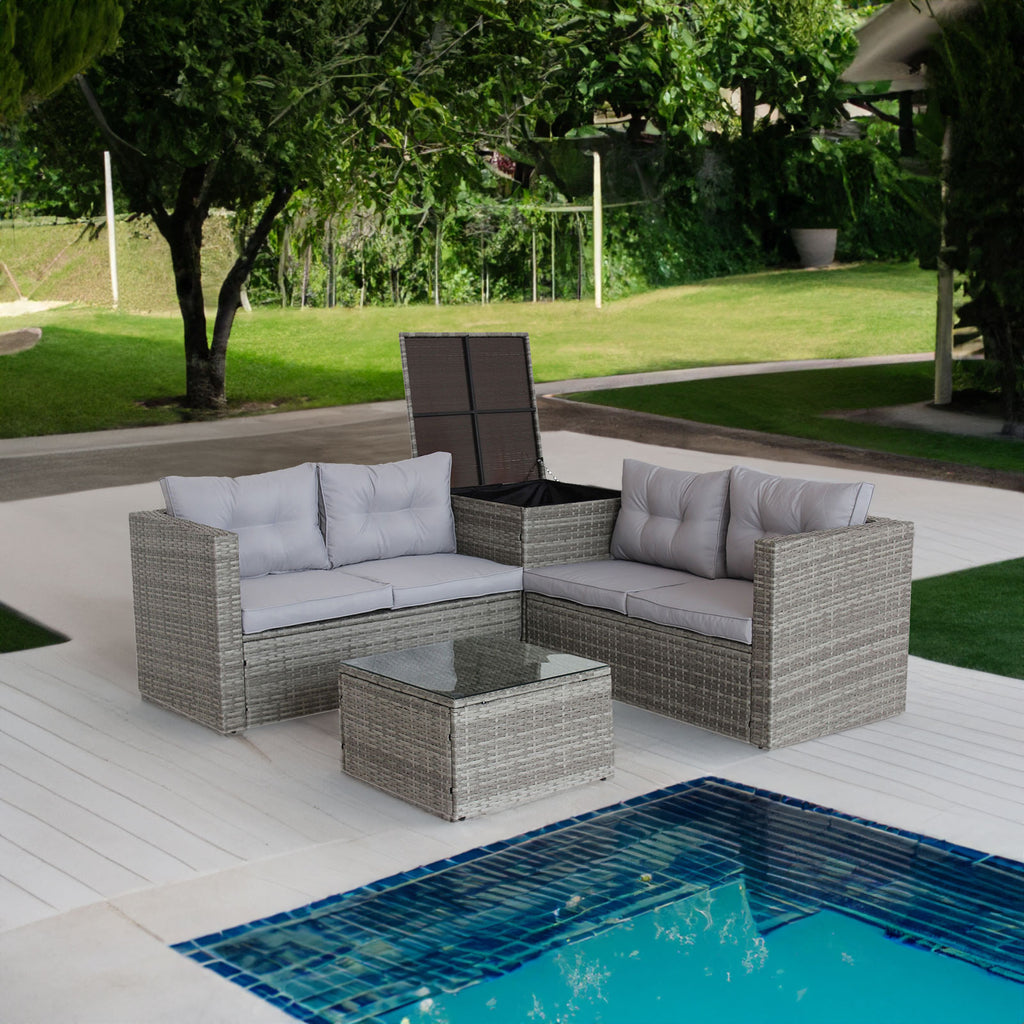 Grey wicker patio sectional sofa set with light cushions, glass-top coffee table, storage unit