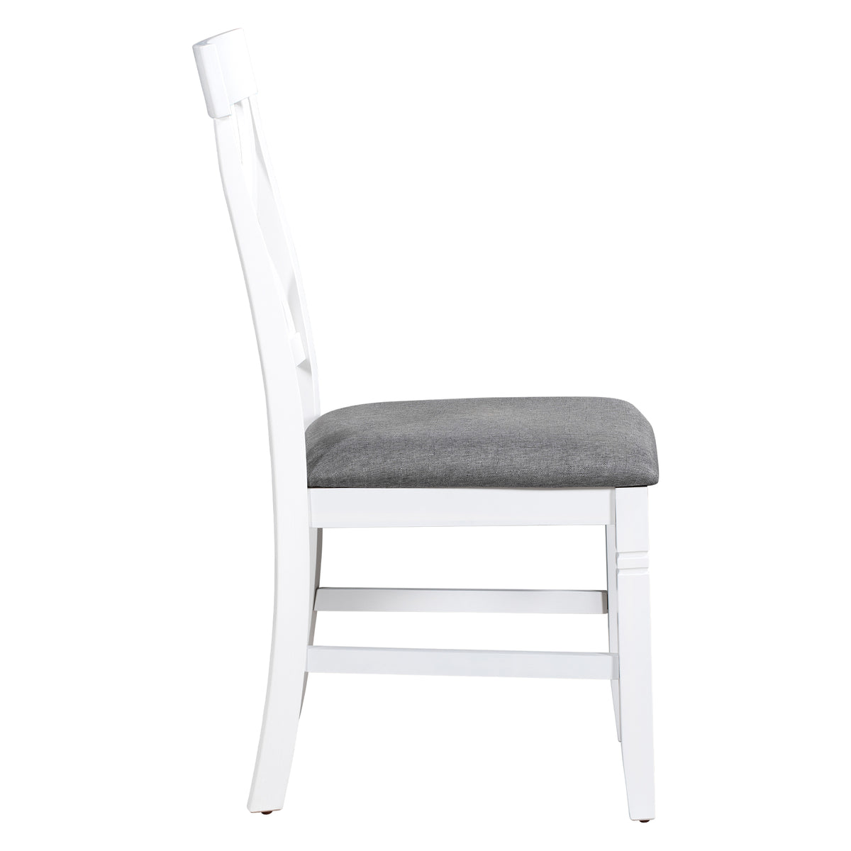 Wood dining chair with gray upholstered seat and ladder-style white back