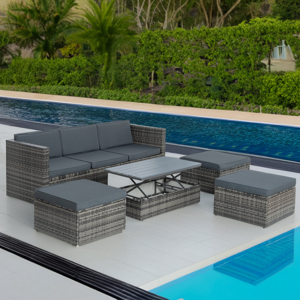 Outdoor PE wicker conversation set in dark gray with cushions and square coffee table