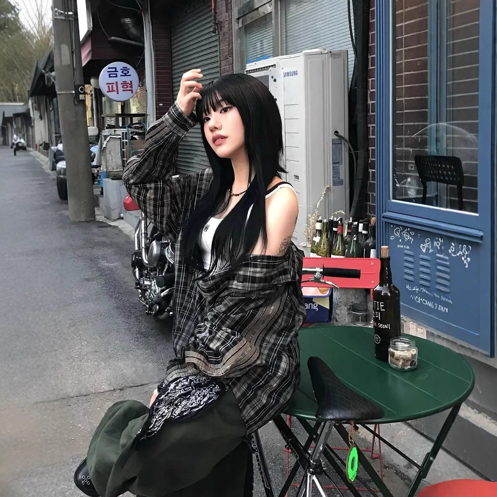 Oversized plaid shirt jacket in dark tones, button front, long sleeves