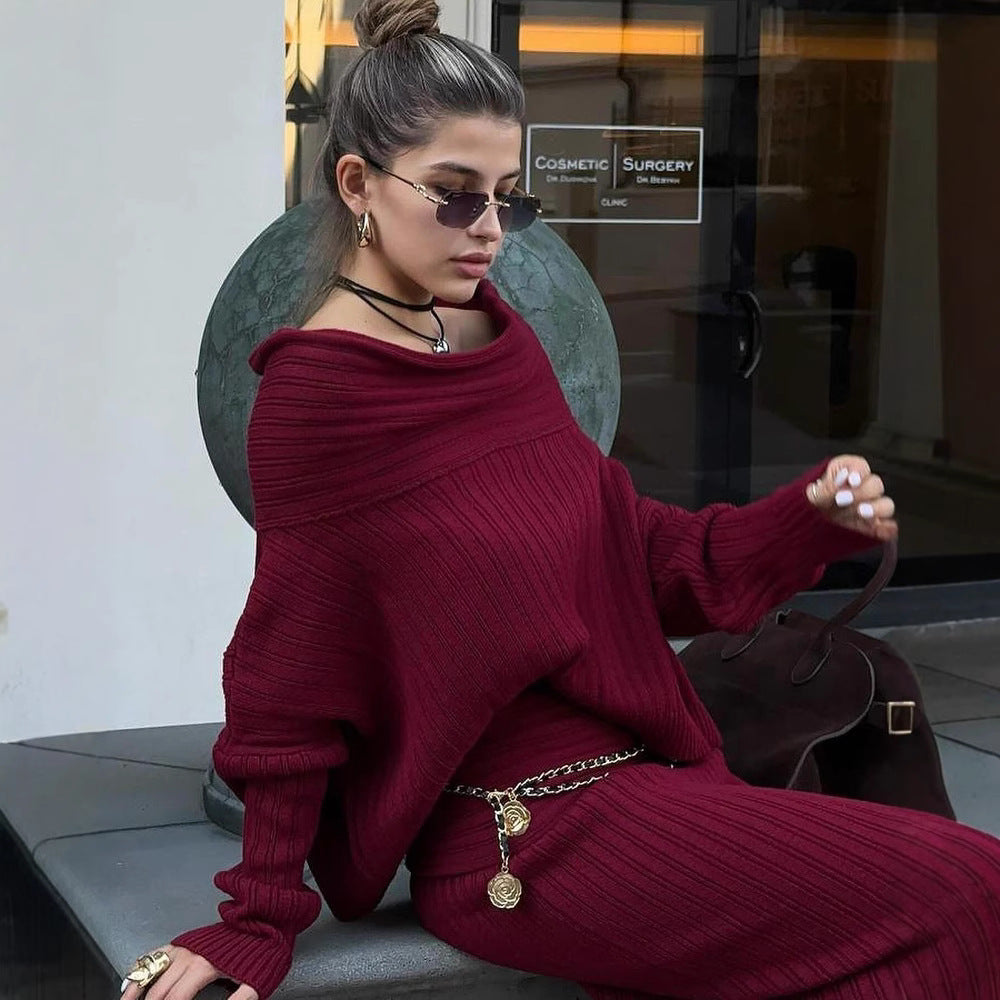 Burgundy off-shoulder ribbed knit sweater with matching long knit skirt set