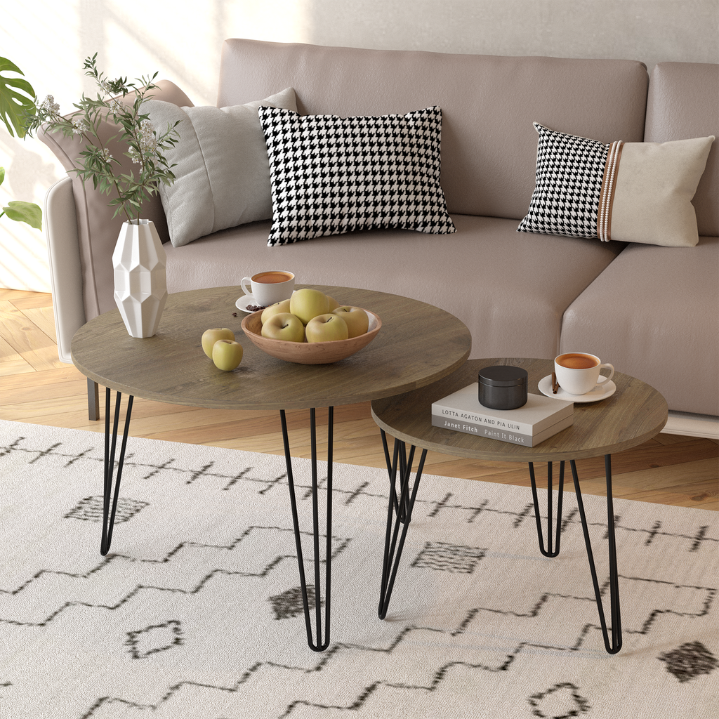 Round nesting coffee table set of 2 with dark wood-look round tops and black metal legs