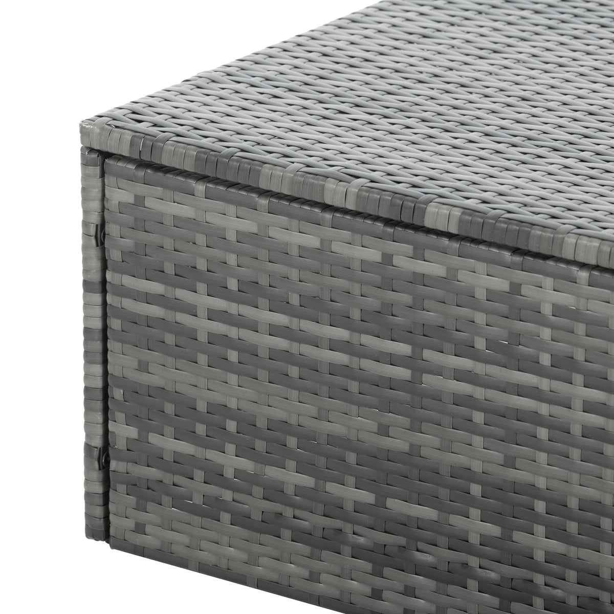 Dark gray wicker ottoman with woven texture and fitted seat cushion