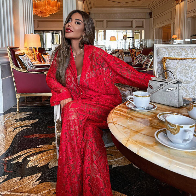 Red lace sheer two-piece shirt and wide-leg pants set with V-neck long sleeves.