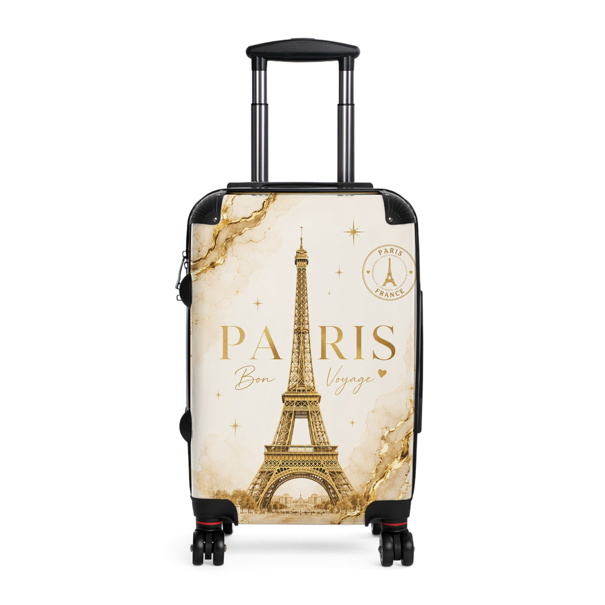 Black and cream Paris-themed hard-shell rolling suitcase with extendable handle and 4 wheels