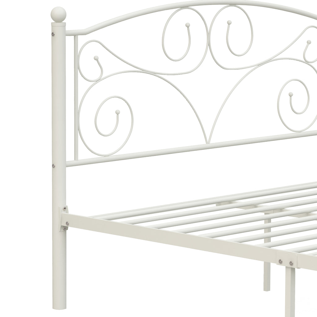 White metal bed side rail with scroll pattern and wire slatted support