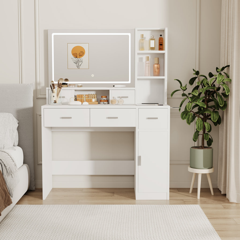 White dressing table with LED mirror and built-in side shelves and cabinet storage