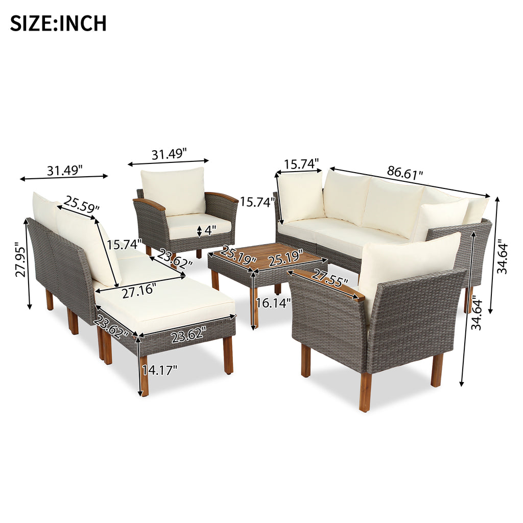 Rattan patio seating set size diagram showing beige cushions and dark wicker frames