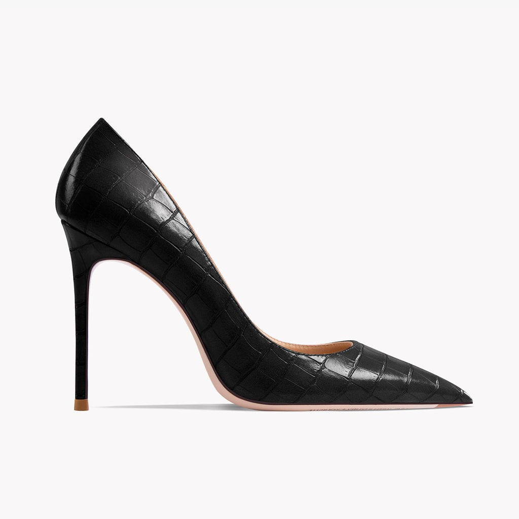 Black patent leather pointed-toe stiletto pump with thin heel and glossy croc-embossed texture