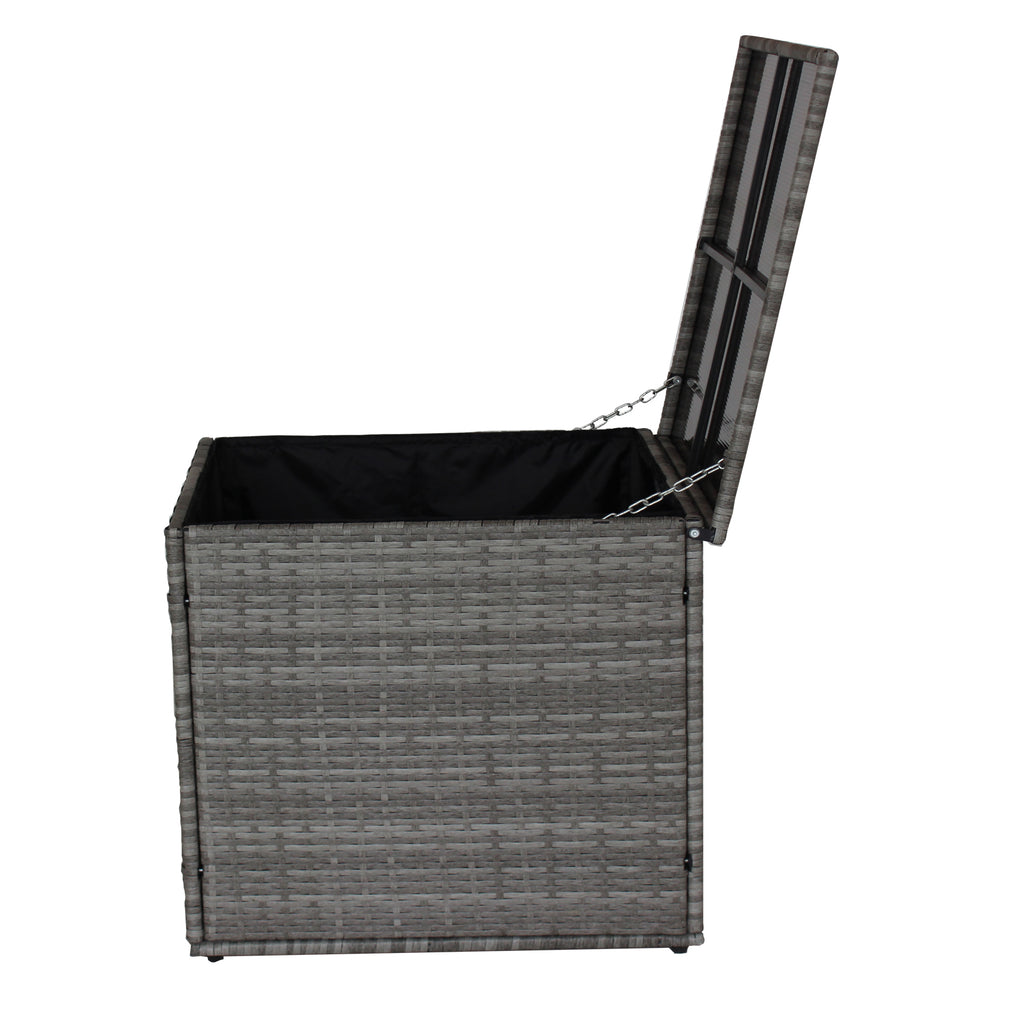 Grey wicker storage box with open hinged top and decorative handle chain